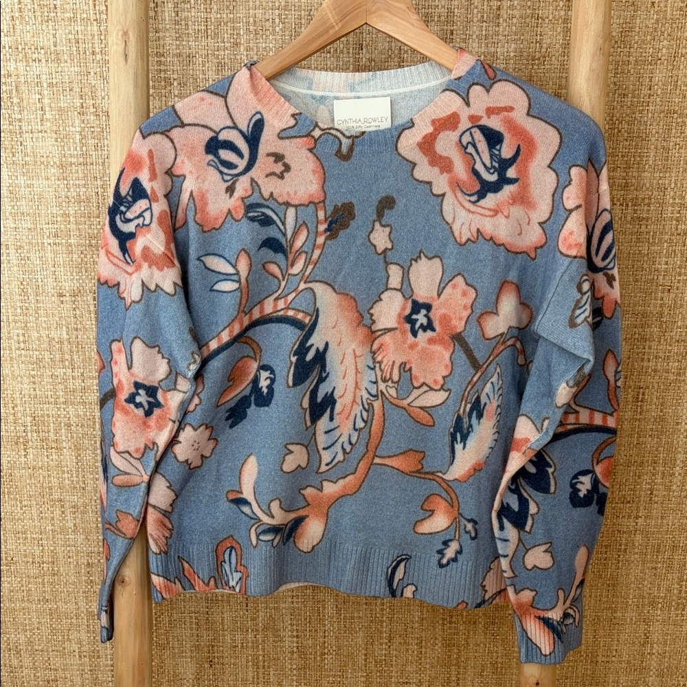 Cynthia Rowley Blue and Coral Cashmere Floral Crew Neck Sweater